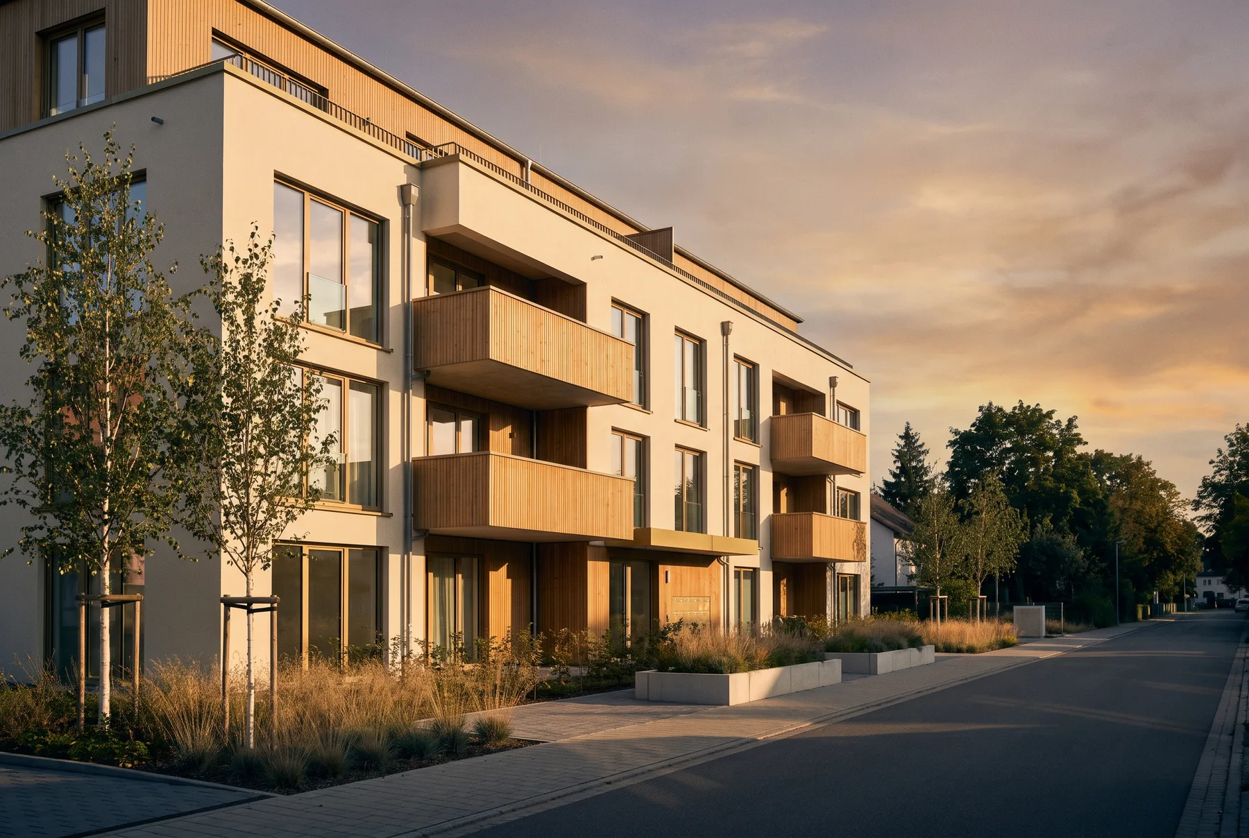 Neubau-Mehrfamilienhaus mit Holzbalkonen im Abendlicht — Symbolbild, KI-generiert
