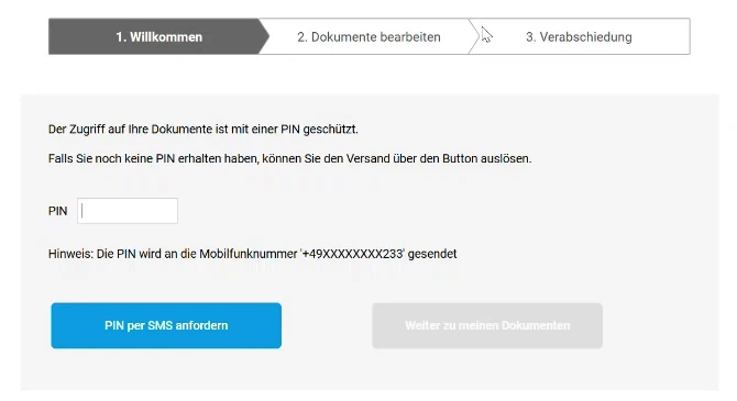 PIN-Abfrage mit dem Knopf „PIN per SMS anfordern“ und dem Hinweis auf die hinterlegte Mobilfunknummer