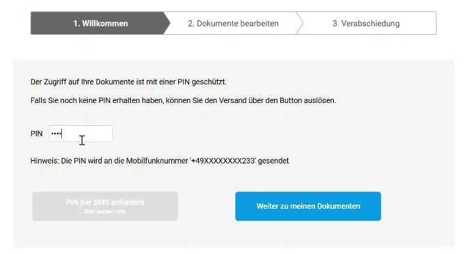 Eingegebene PIN, der Knopf „Weiter zu meinen Dokumenten“ ist jetzt aktiv