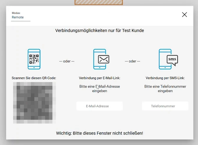 Fenster „Verbindungsmöglichkeiten“ mit QR-Code, E-Mail-Link und SMS-Link