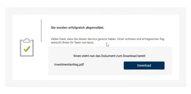 Verabschiedung: „Sie wurden erfolgreich abgemeldet“ und der Knopf „Download“ für das unterschriebene Dokument