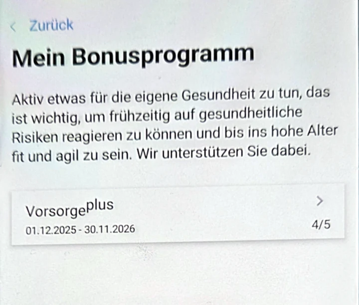 Seite „Mein Bonusprogramm“ mit der Karte „Vorsorge plus“, Bonuszeitraum 01.12.2025 bis 30.11.2026 und dem Stand 4/5