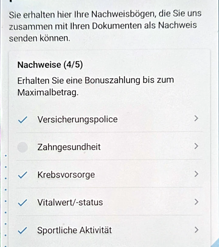 Seite „Ihre Teilnahme an Vorsorge plus“ mit der Liste der fünf Nachweise; markiert ist „Zahngesundheit“