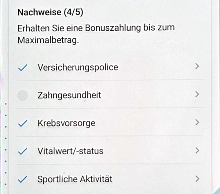 Die fünf Nachweise: Versicherungspolice, Zahngesundheit, Krebsvorsorge, Vitalwert/-status, Sportliche Aktivität